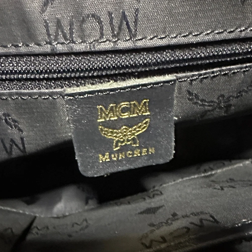 MCM Navy and Gray Monogram Shoulder Bag Leather & Denim w Dust Bag - Picture 5 of 8